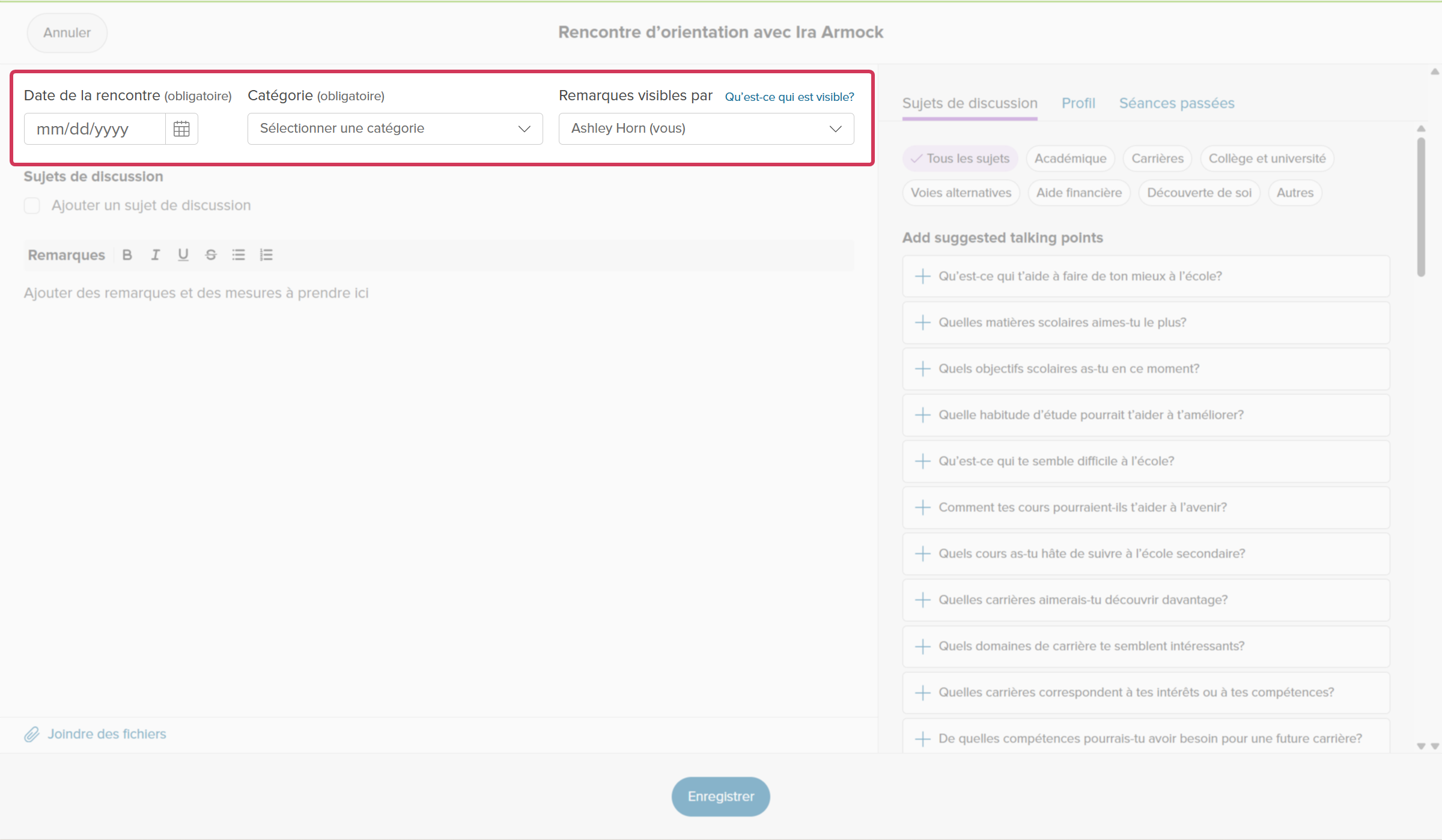 Cliquer pour agrandir Une rencontre de conseils pour un élève est ouverte. Les champs Date de la rencontre, Catégorie et Remarques visibles par sont tous mis en évidence.